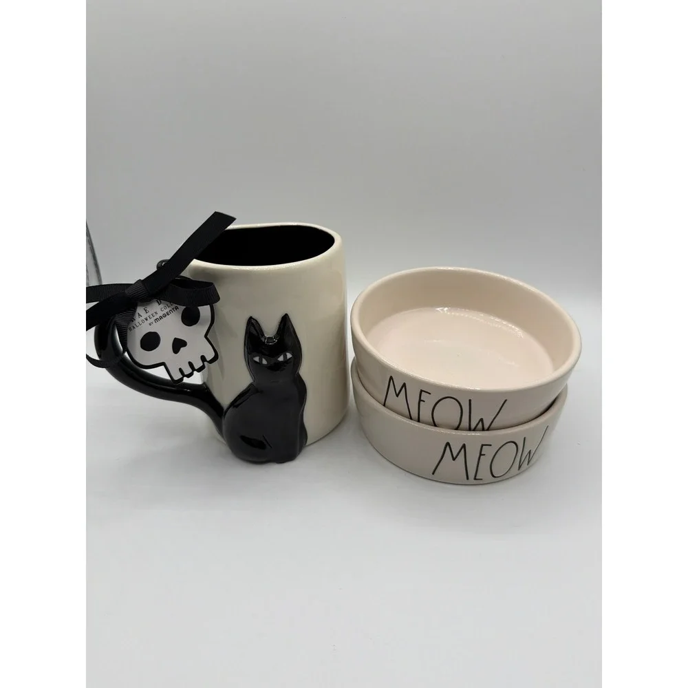Rae Dunn Halloween Black Cat Mug with 2 MEOW Cat Bowls Ceramic Set